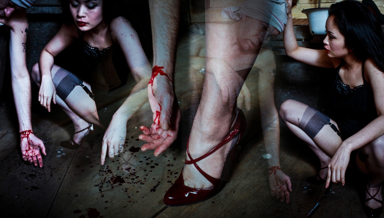 Nylon legs bloody hands